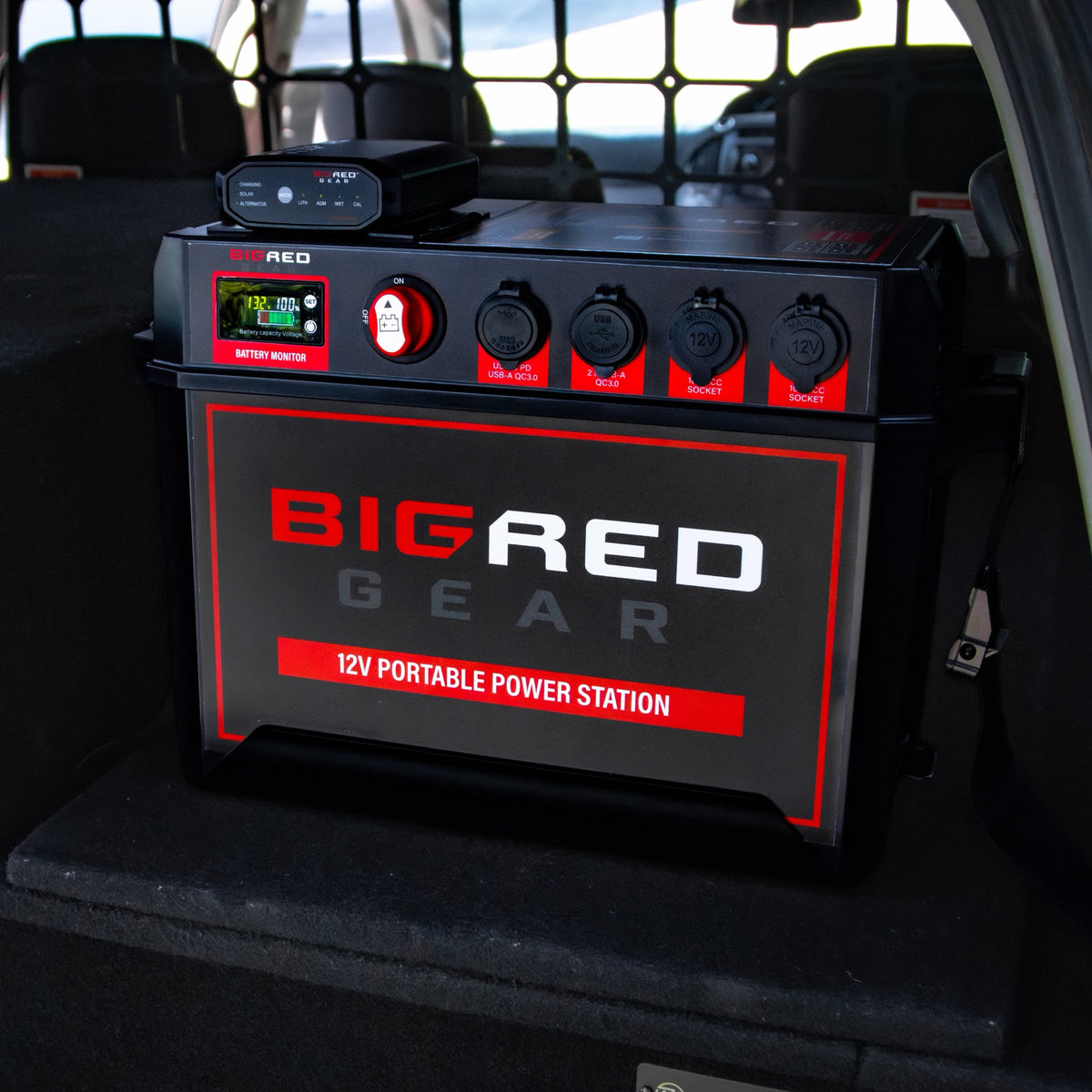 Big Red Gear 12V Power Station in the back of a 4WD