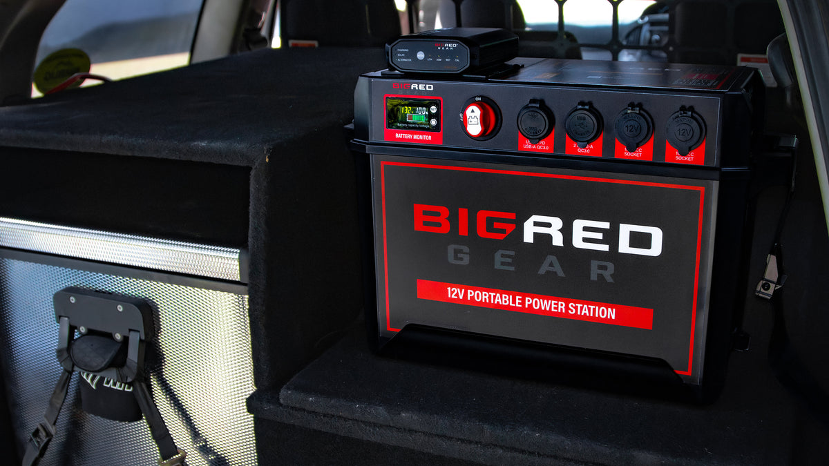 Big Red Gear 12V Power Station in the back of a 4WD